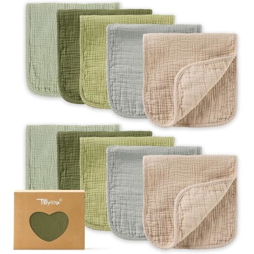 TILLYOU Muslin Burp Cloths Baby Boy Girl 20" x 10", 6-Layer Absorbent 100% Cotton Burping Cloths Large Soft, 10 Pack(Gradient Green)
