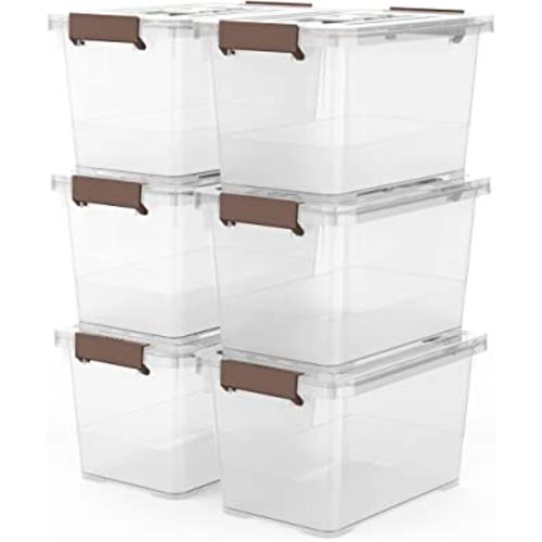 WYT 6-Pack Clear 7 Quart Storage Latch Box/Bins, Plastic Stackable Latching Box with Brown Handle and Lid, Multi-Purpose, 7 Litre