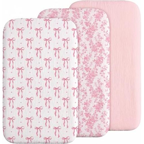 Peryiter 3 Pcs Muslin Fitted Sheet Baby, Flower, Bow, Bedside Sleeper, Pink