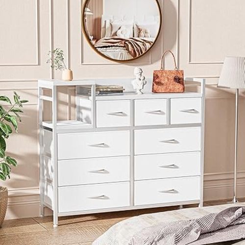 GAOMON Dresser TV Stand with Power Outlet, Bedroom Dresser with 9 Drawers, Chest of Drawers for Living Room, Hallway(White)