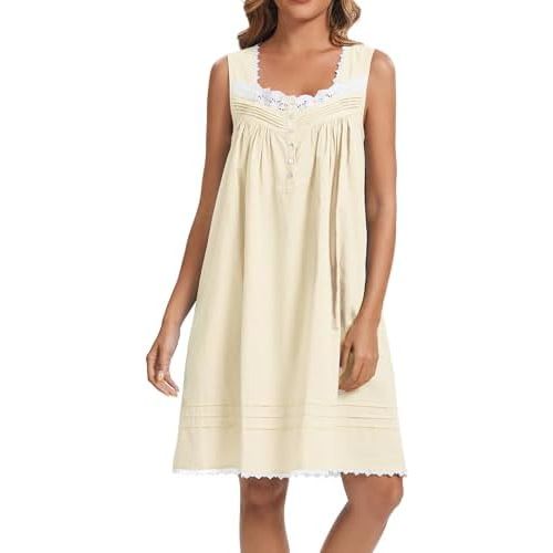 AVIIER 100% Cotton Nightgowns for Women Sleeveless Night Gown with PocketsC