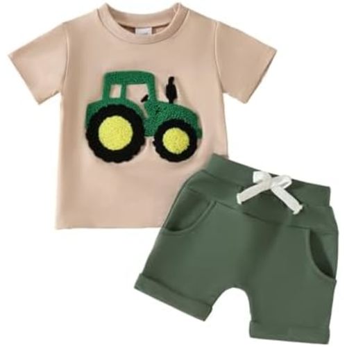 Toddler Baby Boy Summer Clothes Embroidered Farm Tractor Shirt and Short Set 2-Piece Outfits for Boys