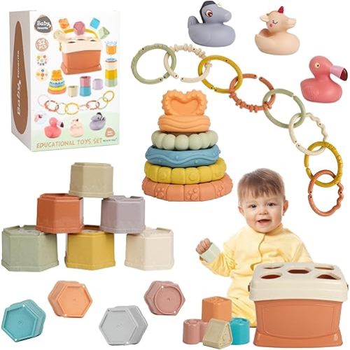 5 in 1 Montessori Baby Toys for 6-48 Months,Stacking Cups,Rings Toy Links,Soft Stacking Rings,Blocks Set,Soft Animals Toys for Toddlers 1-3 Year Old Boys Girls Infant Bath Time Fun