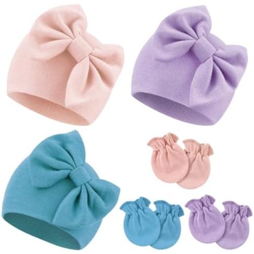 Newborn Baby Hats and Mittens Set Infant Bow Beanie Cap Toddler Gloves Newborn Hospital Hats for Baby Boy Girl Kid 0-6 Months