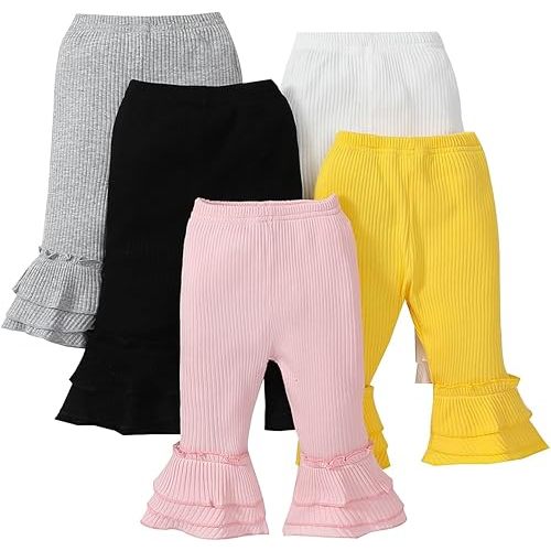 Toddler and Baby Girl Stretchy Flare Pants with Ruffle Fleece Pants and Leggings 5-Pack