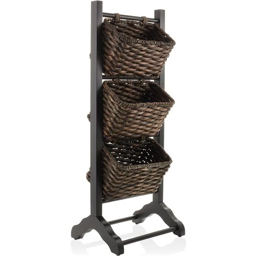 Casafield 3-Tier Floor Stand with Water Hyacinth Storage Baskets, Black/Espresso - Standing Organizer Rack for Bathroom, Kitchen, Laundry, Living Room
