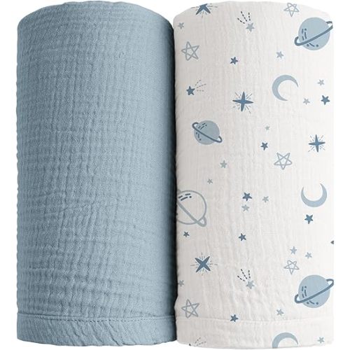 Konssy Muslin Swaddle Blankets for Boys Girls, 2 Pack Receiving Baby Blanket Large 47 x 47 inches, Soft Breathable Swaddling Wrap for Unisex Newborn (Star,Blue)