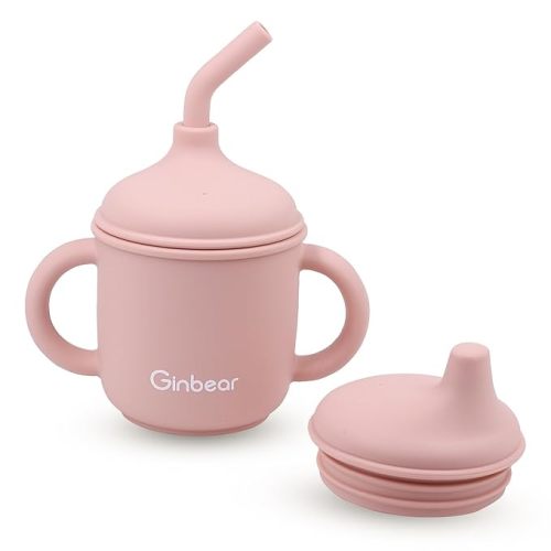 Ginbear 2-in-1 Sip-N-Straw Baby Cup, Spill Proof Non-toxic BPA Free Food Grade Silicone Training Transition Sippy Cup for Toddler 6 Months+ (Hazy Green)