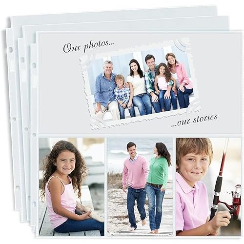 Dunwell Scrapbook Page Protectors 12x12, (50 Pack) Fits 3-Ring Scrapbook Album Binder, Combo Layout Holds 300 4x6 Vertical Photos, Plus 6x12 Top Pocket, 12x12 Refill Pages Protectors, Acid-Free Poly