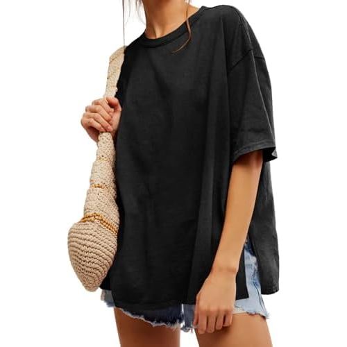 Tankaneo Womens Oversized Tshirts Summer Casual Short Sleeve Crew Neck T Shirt Loose Fit Side Slit Tee Tops