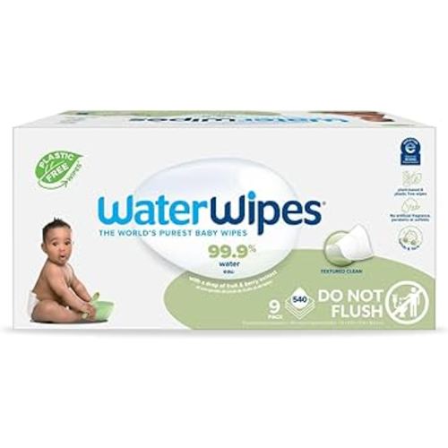 WaterWipes Plastic-Free Textured Clean, Toddler & Baby Wipes, 99.9% Water Based Wipes, Unscented & Hypoallergenic for Sensitive Skin, 540 Count (9 packs), Packaging May Vary