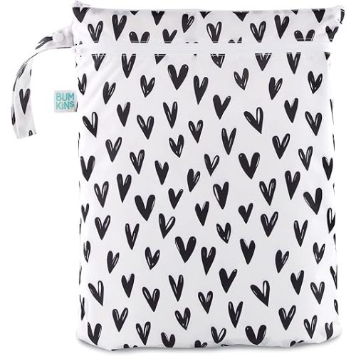 Bumkins Waterproof Wet Dry Bag for Baby, Travel, Swim Suit, Cloth Diapers, Pump Parts, Pool, Gym Clothes, Toiletry, Strap to Stroller, Daycare, Zip Reusable Bag, Wetdry Packing Pouch, Black Hearts