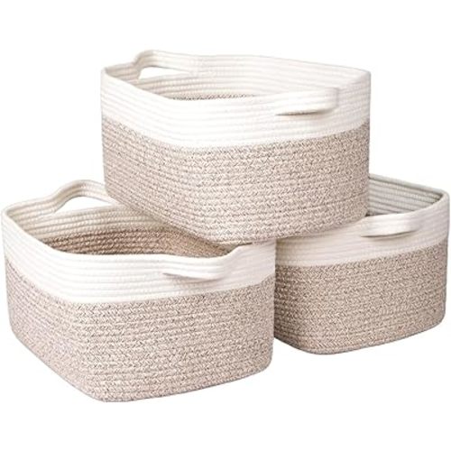 Zilink Storage Basket for Shelves 15” x 11” x 8” Woven Baskets for Storage Decorative Rope Basket Storage Baskets for Organizing, White & Beige