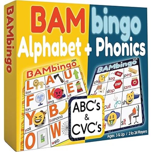 Alphabet and Phonics Bingo - ABC Learning Letter Recognition and CVC Words with Pictures - Phonics Games for Kids Ages 3-6 yrs Preschool Kindergarten