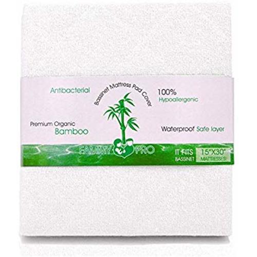 FAMMY PRO Premium Organic Bassinet Mattress Pad Waterproof Bamboo Cover -, Premium Organic Bamboo, 100% Comfortable, Waterproof Layer Breathable Protector (30”x15”)