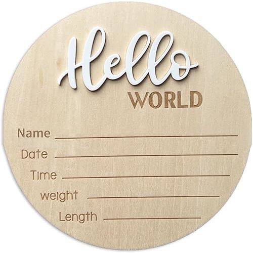 Baby Announcement Sign, 5.9 Inch Wooden Hello World Newborn Sign Birth Announcement Signs, Hello World Nursery Decor Sign & Photo Prop for Baby, Newborn Boys and Girls Gift(White)