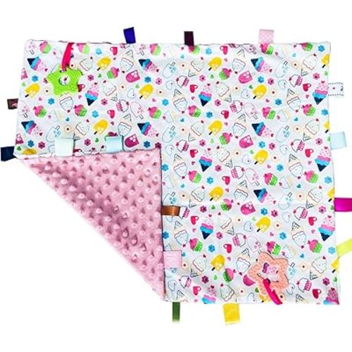 Big Tags Soft Pink Blanket for Babies and Toddlers, Cute Security Taggy With Tags, 55x45CM/21.7x17.7INCHES