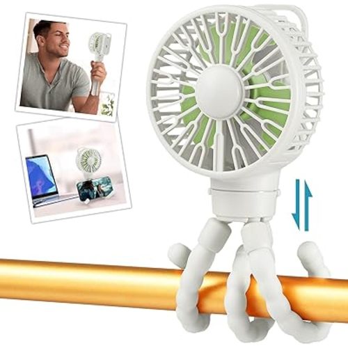 snawowo Mini Portable Stroller Fan, Battery Operated Personal Small Handheld Fan with Flexible Tripod, 3 Speed Rechargeable Clip On for Car Seat Crib Treadmill Travel Camping White