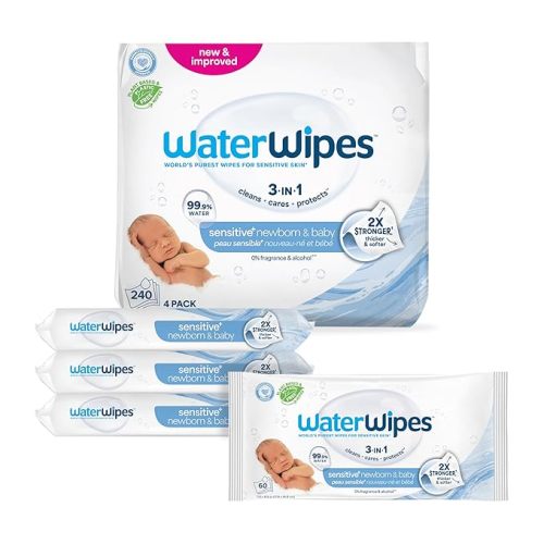 WaterWipes Sensitive+ Newborn & Baby Wipes, 3-In-1 Cleans, Cares, Protects, 99.9% Water, Unscented & Hypoallergenic, 240 Count (4 Packs)