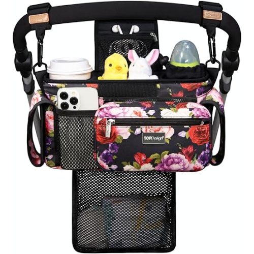 TOPDesign Universal Baby Stroller Organizer, Stroller Caddy with Detachable Mesh Bag & Heightened Insulated Cup Holders & Non-Slip Secure Hooks Accessories, Fits Most Strollers (Ranunculus)