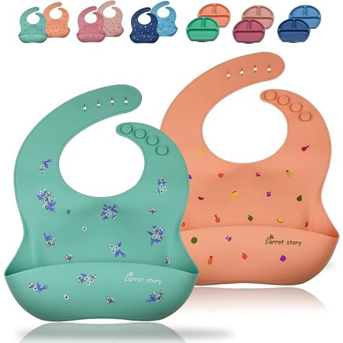 100% Silicone Pocket Baby Toddler Bibs, Waterproof Washable Bibs, BPA Free, Microwave/Dishwasher Safe, Set of 2 - Flowers & Fruits