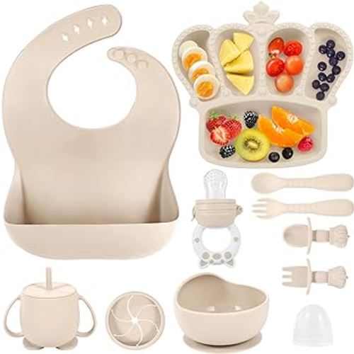 Silicone Baby Feeding Set, 10 Pcs Baby Led Weaning Supplies Suction Bowl Divided Plate Baby Bibs Fruit feeder Baby Spoons Forks Sippy Cup Toddler Utensil Sets Baby Essentials for Newborn Gift