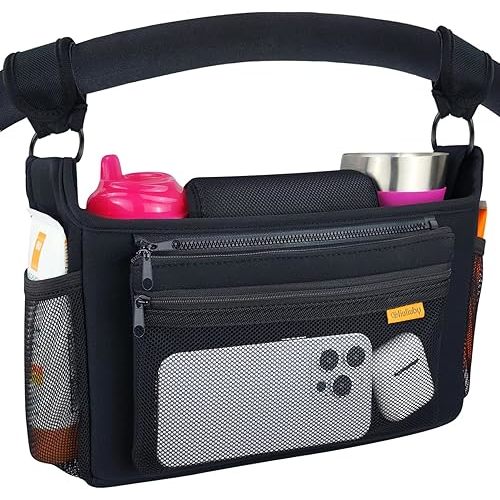 liuliuby Universal Stroller Organizer with Cup Holder | Stroller Caddy Organizer for Uppababy Nuna Evenflo BOB Doona Mockingbird | Stroller Organizer Bag for Stroller Storage | Stroller Accessories