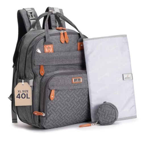 BabbleRoo XL Diaper Bag Backpack, Expandable with Changing Pad, Stroller Straps, & Pacifier Case - Dark Gray