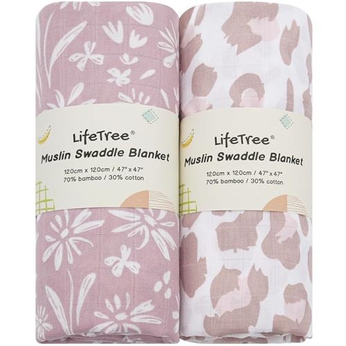 LifeTree Swaddle Blankets Baby Girl, 2-Pack Super Soft 70% Viscose Bamboo and 30% Cotton Muslin Swaddles Blankets (Large 47" x 47"), Mauve Floral & Blush Leopard Pattern, Newborn Baby Registry