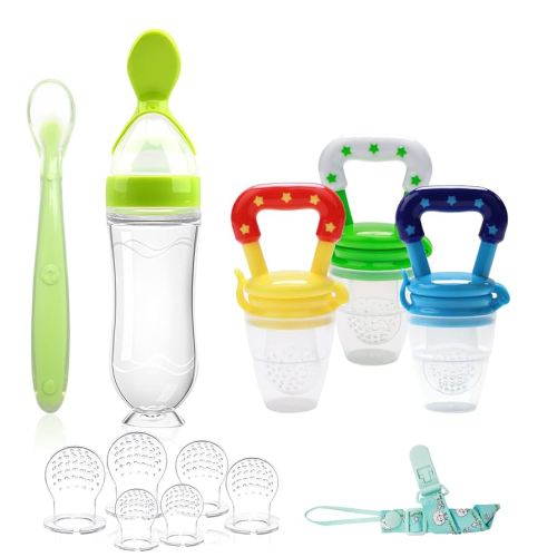 Food Feeder for Baby, Fruit Feeder Pacifier (3 Pcs) with 6 Different Sized Silicone Pacifiers 1 PCS Silicone Baby Food Dispensing Spoon 90ML with 1 PC Baby Spoons 1 PC Pacifier Clip Baby Feeding Set