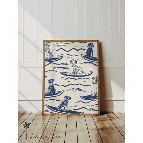 Coastal Dog Sketch Print - Vintage Surf Art for Beach Lovers - Whimsical Cute and Adorable Dog Decor for the Home in Blue - Cool Chill Surf