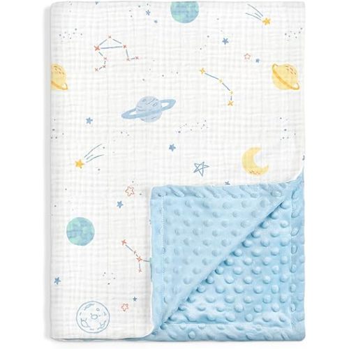 Outer Space Baby Blankets for Boys, Soft Nursery Minky Blankets with Muslin and Dotted Fleece Back 30x40 inches, Receiving Bed Quilt for Newborn, Infants, Toddlers