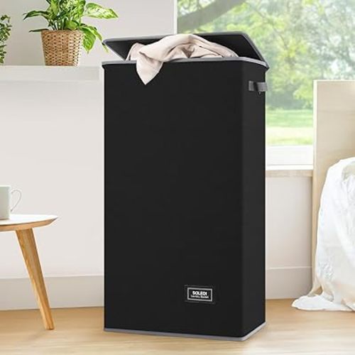 SOLEDI Laundry Hamper Black with Lid and Removable Bag - 100L Large and Tall Laundry Basket Collapsible with Handle for Clothing and Toys Storage - Dirty Clothes Hamper for Bedroom, bathroom, dorm