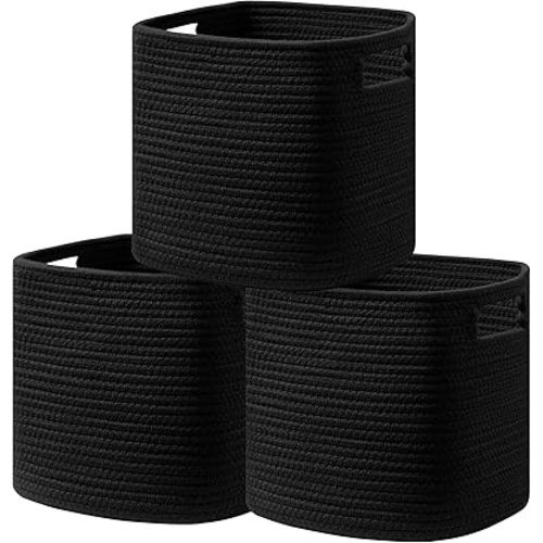 UBBCARE Set of 3 Cotton Rope Basket 11 X 10.5 X 10.5 Inches, Woven Storage Baskets for Shelves, Organizing with Handles, Cube Storage Bins for Storage Books, Magazines, Black