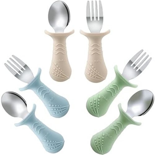 PandaEar Baby Toddler Fork and Spoon Utensil Set, 6 Pack Silicone Stainless Steel Silverware Spoon Fork for Babies Toddler, BPA Free with Silicone Holding Anti-Choke Design (Blue&Green&Light Tan)