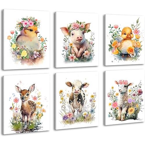Framed Baby Watercolor Farm Animals Nursery Wall Art Prints,Cute Baby Animal Nursery Farm Wall Art,Farmhouse Animals Themed Poster for Farmhouse Room Decor,Set of 6(8"X10")