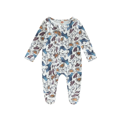 Qtinghua Newborn Baby Boy Girl One Piece Footies Ribbed Zipper Romper Jumpsuit Long Sleeve Cow Print Western Clothes White Cactus 0-3 Months