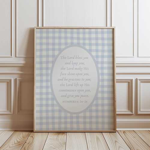 Christian Wall Art Blue Vintage Gingham Print, The Lord Bless You and Keep You Numbers 6: 24-26, Boys Nursery Bible Art, Digital Download