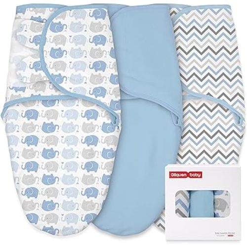 GLLQUEN BABY Swaddles for Newborns Organic Cotton, Soft Baby Boy Swaddles 0-3 Months, Womb-Like Sleep Sack Wrap Nursery Swaddling Blankets Blue Elephant