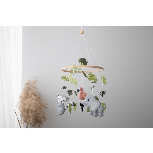 Tropical crib mobile, Africa theme decor, Safari nursery mobile, Cot hanging mobile, Jungle baby shower, Flamingo,Crocodile, Lemur, Elephant