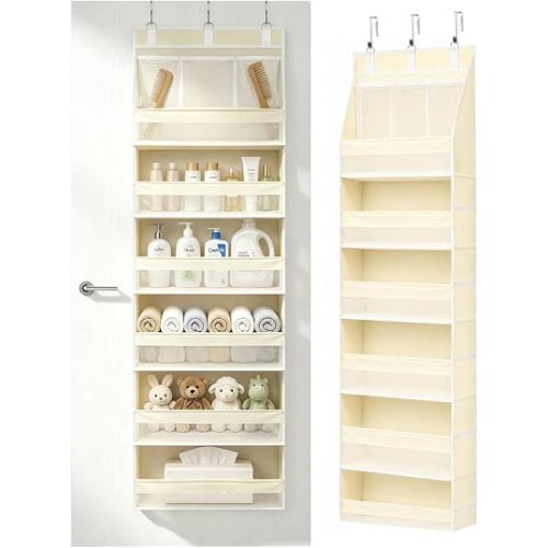 Over the Door Organizer, 55lbs Capacity 6-Shelf Closet Hanging Storage with 13 Mesh Pockets, Behind the Door Storage for Baby Nursery, Bathroom, Bedroom, and Dorm