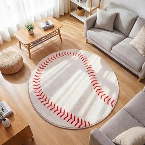 Dunzy 2.7ft/32inch Baseball Rug for Boys Room Sports Themed Room Decor for Kids Round Soft Washable Rugs with Non Slip Backing Baseball Round Area Blanket for Bedroom Living Rooms Playroom Decor
