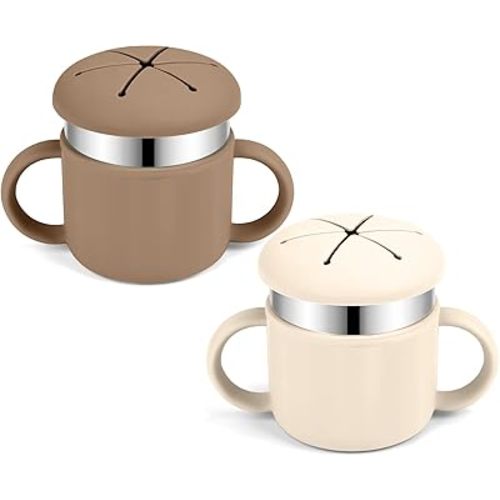 Stainless Steel Toddler Snack Cups, 7.4 Oz Spill-Proof Food Storage Baby Snacks Containers, 3 in 1 Kids Snack & Drinking Cup with Detachable Lid Sleeve and Handle (Beige+Brown)