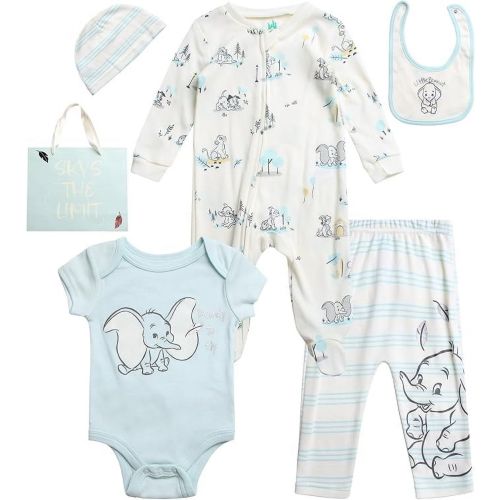 Disney Newborn Baby Layette Set - 6 Piece Disney Bodysuit Coveralls Sweatpants, Hat, Gift Bag (0-6M)