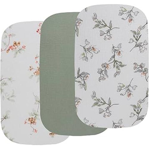 Onacosht Muslin Bassinet Sheets 3 Pack, 100% Cotton Baby Fitted Sheet 33" x 19" Compatible with Mika Micky, KoolaBaby (3 in 1), BabyBond, HARPPA and RICUTON Bedside Bassinet, Green and Botanical