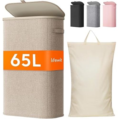 Lifewit 65L Slim Laundry Basket with Lid, Narrow Large Laundry Hamper with Plastic Handles and Removable Bag, Tall Foldable Dirty Clothes Hampers for Laundry Room, Bedroom, Bathroom, Dorm, Beige