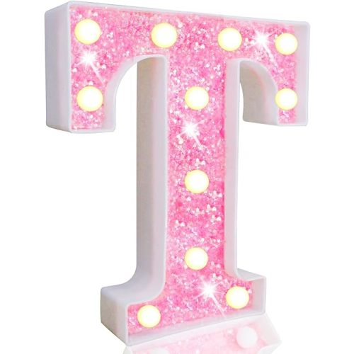 Pooqla LED Marquee Letter Lights, Pink Glitter Light Up Letters Alphabet Sign Battery Powered Night Light, Birthday Party Wedding Girls Gifts, Christmas Room Dorm Bedroom Decoration, Pink Letter T