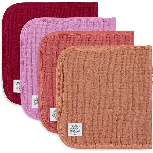 Parker Baby Muslin Burp Cloths | 100% Cotton Burping Clothes, Newborn Essential | Must-Have Baby Registry, Modern and Trendy Colors | 20"x11" Large Baby Burp Cloths, 4-Pack Rose