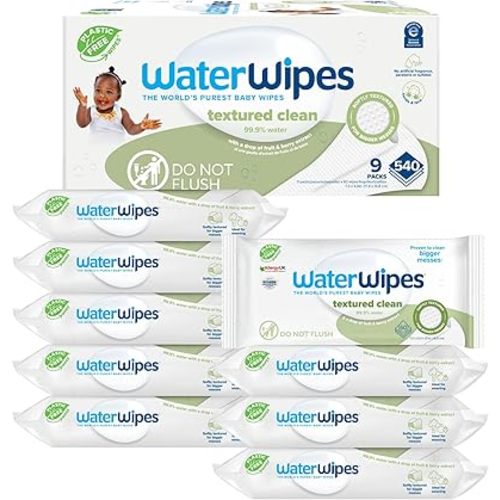 WaterWipes Plastic-Free Textured Clean, Toddler & Baby Wipes, 99.9% Water Based Wipes, Unscented & Hypoallergenic for Sensitive Skin, 540 Count (9 packs), Packaging May Vary