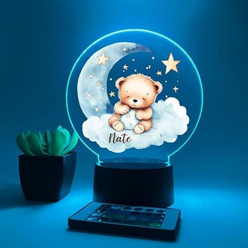 New Baby Teddy Blue Bear Nursery Boys Night Light Up Desk Table Lamp LED Custom Engraved Name |16 Color Options Bedroom Room Decor Shower Christening Congratulations Gift | Personalized Free
